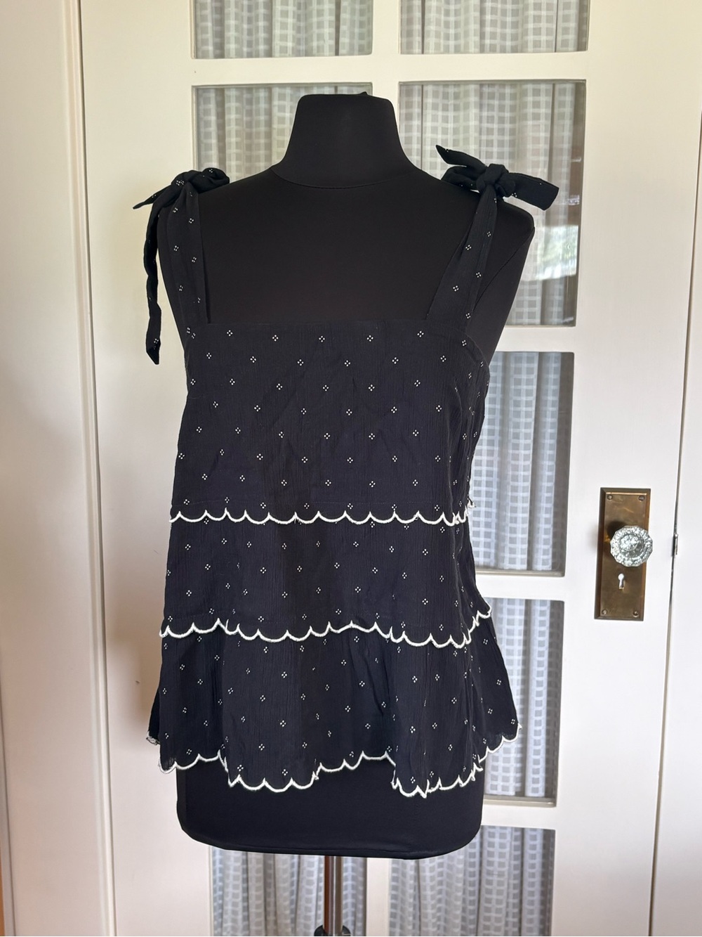 Sezane Black Tiered Eyelet Tie-Shoulder Camisole